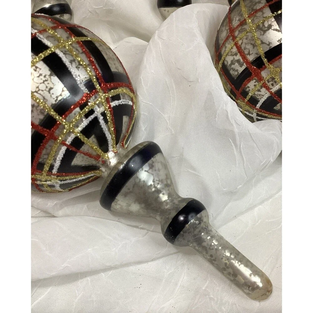 Mercury Glass Finial Christmas Plaid Ornaments X5 Black, Red, Gold & Silver 9